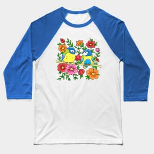 Cute Blue Tit Bird Couple Blue Tits Flowers Spring Summer Design Baseball T-Shirt